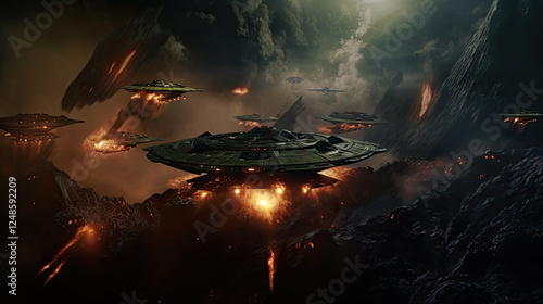 Alien Spaceship Fleet Invading Volcanic Planet