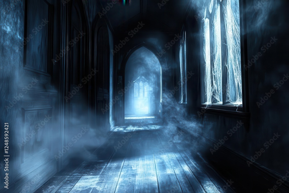 Obraz premium ancient haunted mansion corridor with creaking floorboards, cobwebs, and moonlight casting eerie shadows through gothic windows