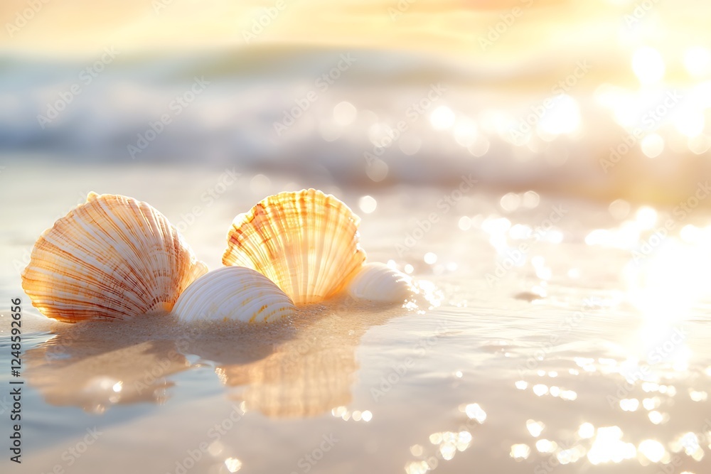 Soft-Focus Seashells on Wet Sand with Sunlight Reflections Soft-Focus Seashells on Wet Sand with Sunlight Reflections