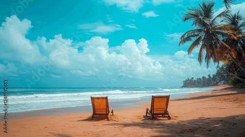 Tranquil Beach Scene: Two Chairs Facing the Ocean Under a Summer Sky photo