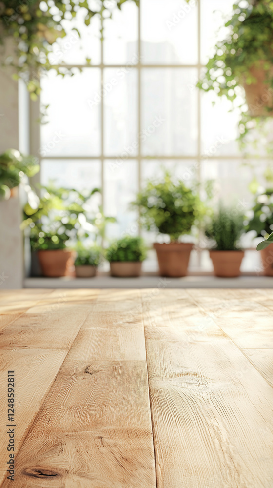 Fototapeta premium Wooden table for product display or advertising with a background of leaves, trees and natural plants. product display and background advertising