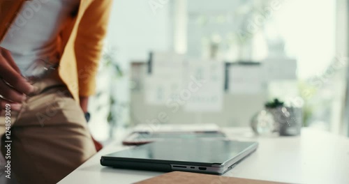 Leaving, finished and man in office, laptop and done with project, content creator and creative for business. Complete, entrepreneur and end of working day, walking and closing time for person