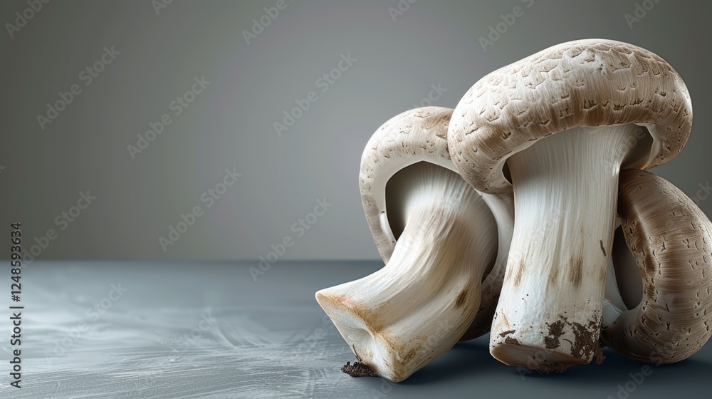 Fototapeta premium Mushroom presented on a muted background, colorful fungi image. Background neutral, mushroom radiant.