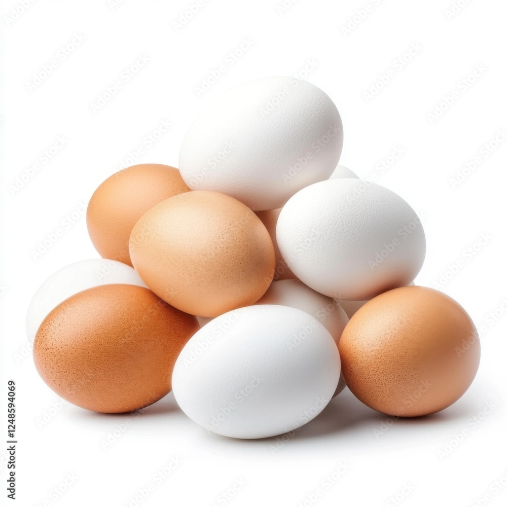 Fresh White and Brown Eggs Piled Together on a White Background, Perfect for Culinary and Food Themes Fresh White and Brown Eggs Piled Together on a White Background, Perfect for Culinary and Food Themes
