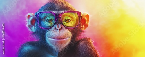 Colorful monkey wearing stylish glasses with vibrant background and playful expression, copy space for text