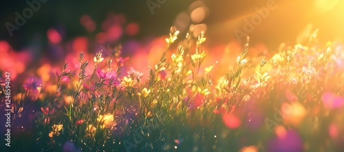 Vibrant Wildflowers Bloom Brilliantly in Golden Sunlight, Creating a Serene Summer Meadow Scene
