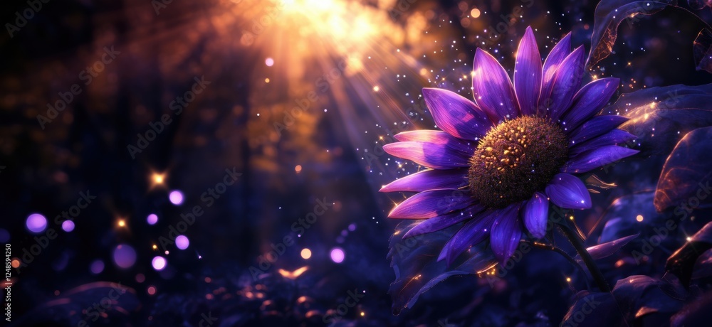 Fototapeta premium Vibrant purple sunflower illuminated by magical sunlight in enchanting forest setting, copy space for text