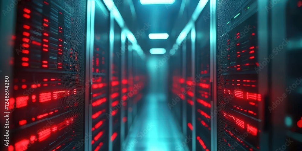 Cinematic Photograph of a High-Tech Server Room Interior with Rows of Digital Equipment Illuminated by Soft Red and Blue Lights Cinematic Photograph of a High-Tech Server Room Interior with Rows of Digital Equipment Illuminated by Soft Red and Blue Lights