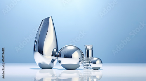 Reflective Silver and Chrome Abstract Forms on Blue Background