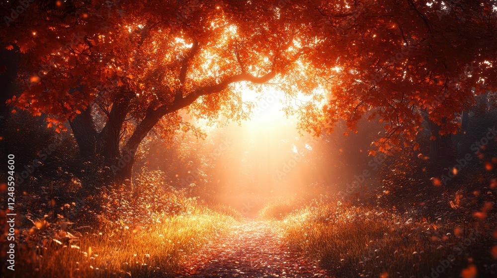 Autumn path through sunlit forest, leaves falling Autumn path through sunlit forest, leaves falling