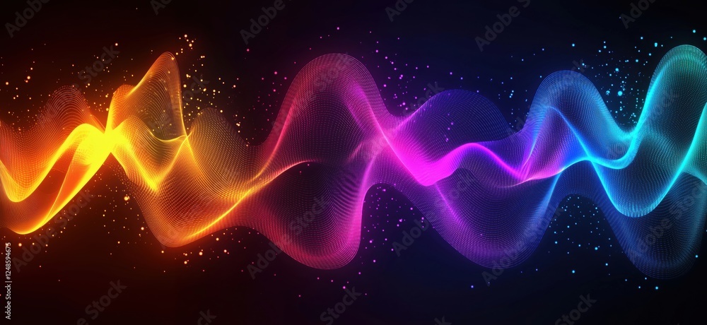 Obraz premium Colorful sound waves with vibrant gradients and dynamic motion effects, copy space for text