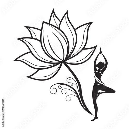 Graceful silhouette of a woman performing tree pose yoga beside a blooming lotus flower