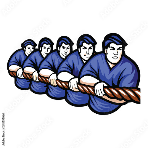 A team in matching green tug-of-war jerseys intensely pulling a rope.  Action shot showing strained faces and powerful grip.