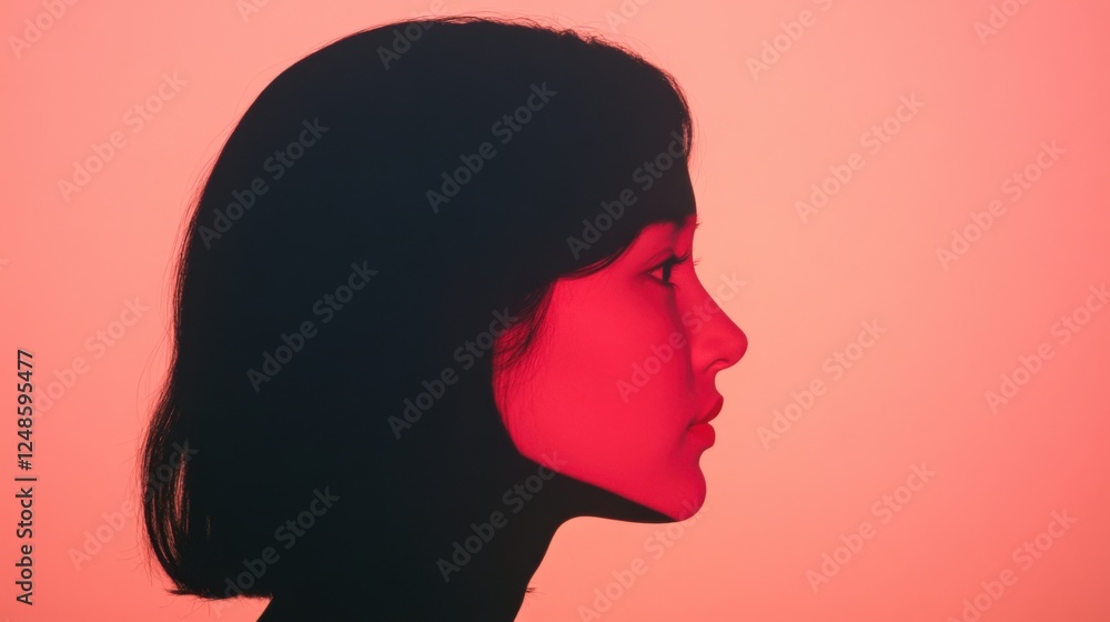 woman in profile with dramatic red lighting. woman in profile with dramatic red lighting.