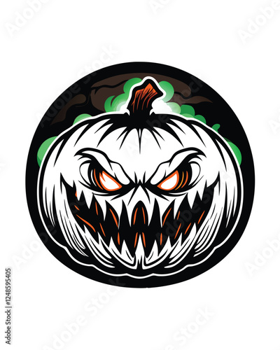 A grotesque, twisted jack-o'-lantern with a malevolent grin, showcasing its decaying, unevenly carved features; Part 2.