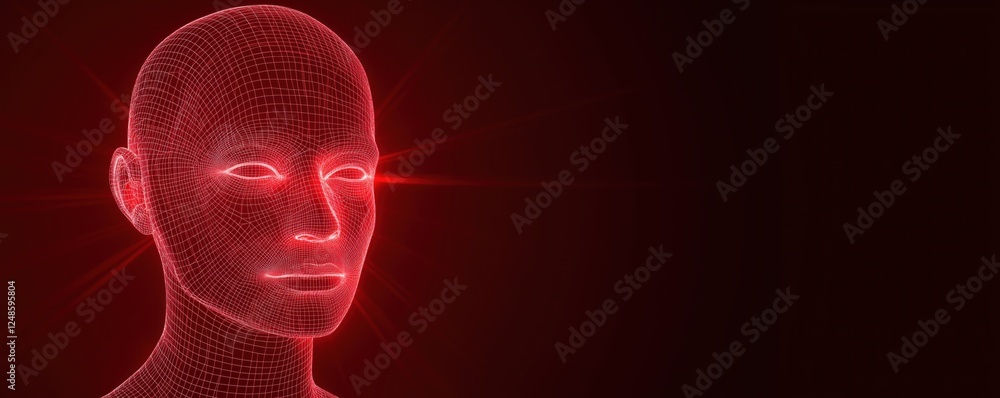 3D wireframe human head model with glowing red features on dark background, copy space for text 3D wireframe human head model with glowing red features on dark background, copy space for text