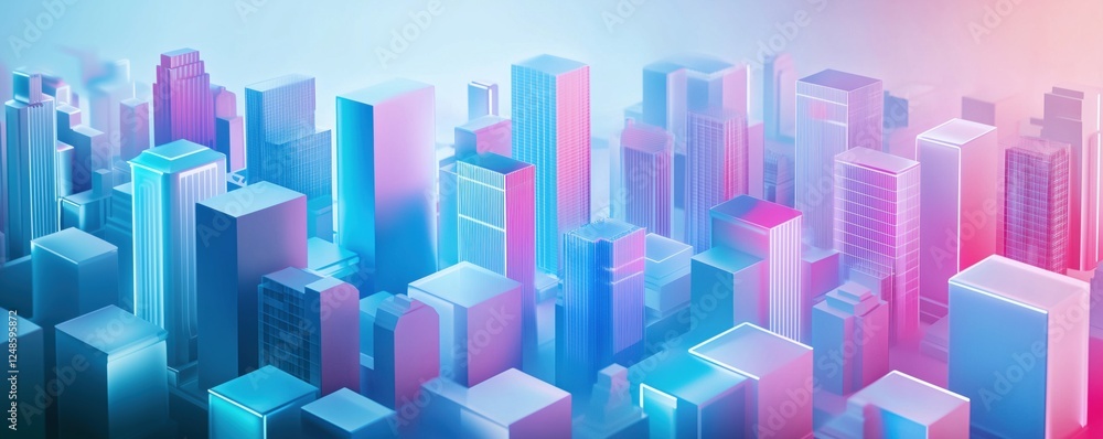 Futuristic city skyline with vibrant colors and geometric shapes in 3D design, copy space for text Futuristic city skyline with vibrant colors and geometric shapes in 3D design, copy space for text