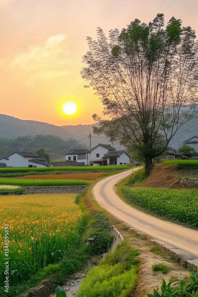 Fototapeta premium Picturesque Fujian Countryside with Ancient Camphor Tree and Sunset