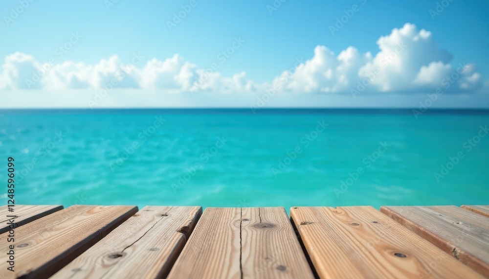 Fototapeta premium Weathered wooden surface overlooking tranquil blue sea, seaside, blue, peaceful