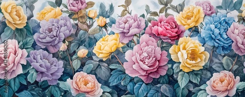 Vibrant floral mural featuring colorful roses in various shades and sizes, copy space for text