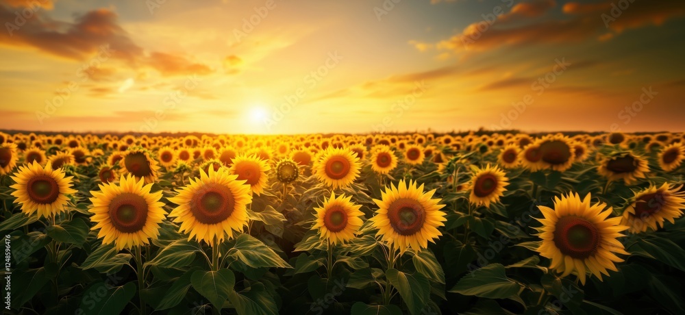 Fototapeta premium Vibrant sunflower field at sunset with golden hues and dramatic sky, copy space for text