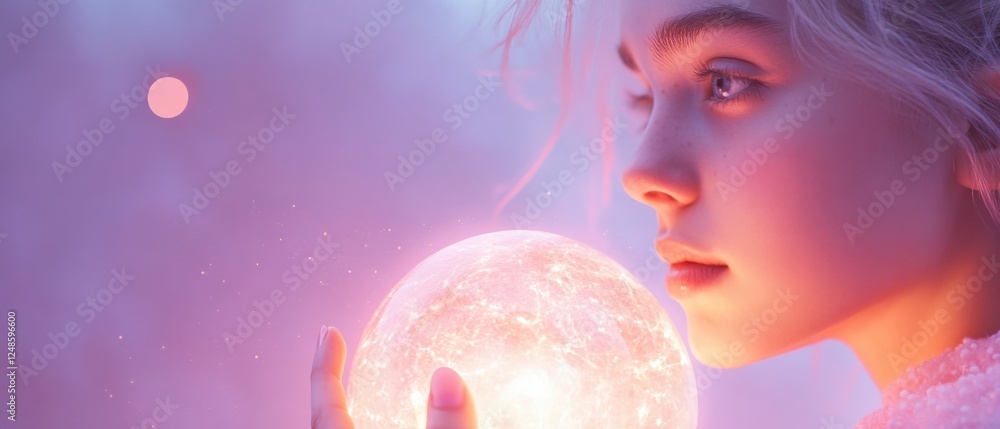 Naklejka premium young girl holding a glowing orb in a dreamy, ethereal scene