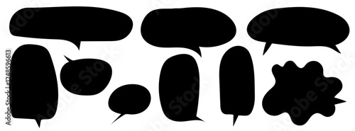 Black simple Speech cute bubble cloud line art grunge scribble sketch set hand drawn in vector liquid graffiti blots.