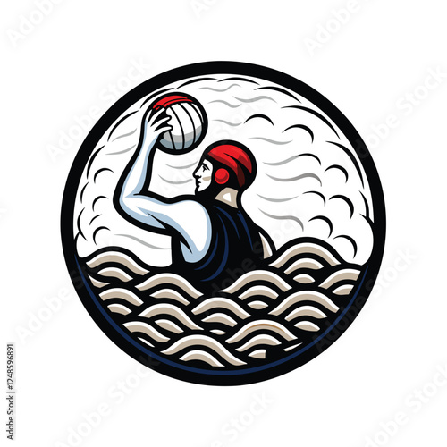 A dynamic action shot of a water polo player, in a navy swimsuit and red cap, powerfully propelling themselves through the water.