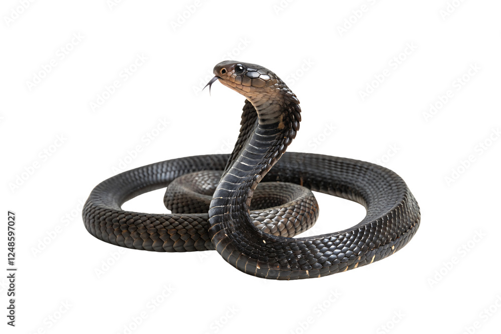 A coiled black cobra with glossy scales, raised hood, and forked tongue, capturing its alert, striking pose and menacing elegance, isolated on a transparent background A coiled black cobra with glossy scales, raised hood, and forked tongue, capturing its alert, striking pose and menacing elegance, isolated on a transparent background