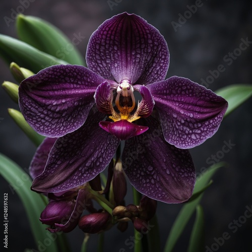 A deep purple orchid with intricate details and realistic textures.