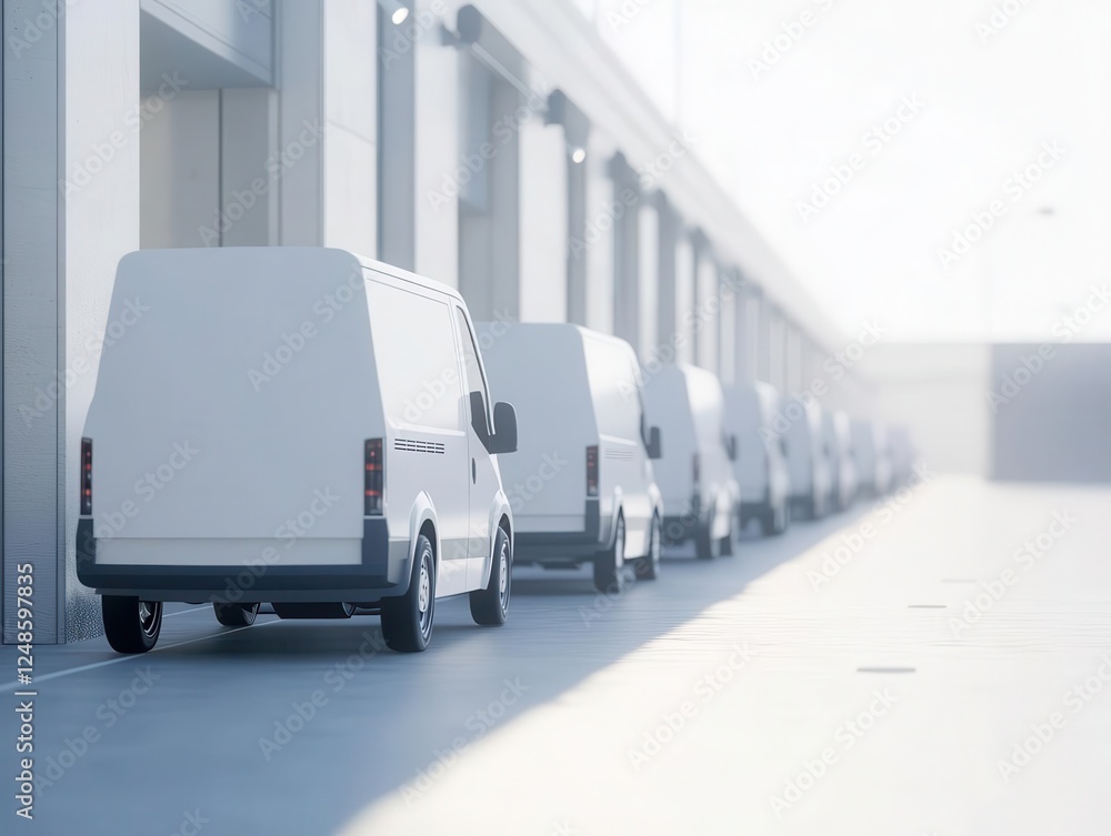 Neatly Parked White Delivery Vans with Customizable Text Space for Logistics Branding Campaigns Neatly Parked White Delivery Vans with Customizable Text Space for Logistics Branding Campaigns