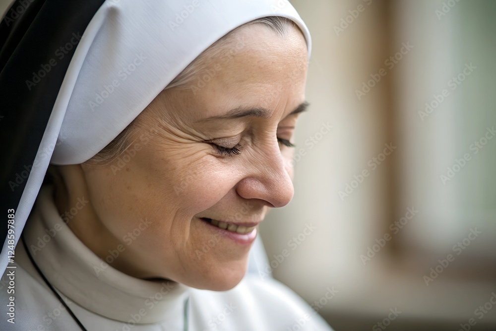 A serene and intimate close-up of a nun’s warm and gentle smile, symbolizing kindness, peace, and unwavering faith. A serene and intimate close-up of a nun’s warm and gentle smile, symbolizing kindness, peace, and unwavering faith.