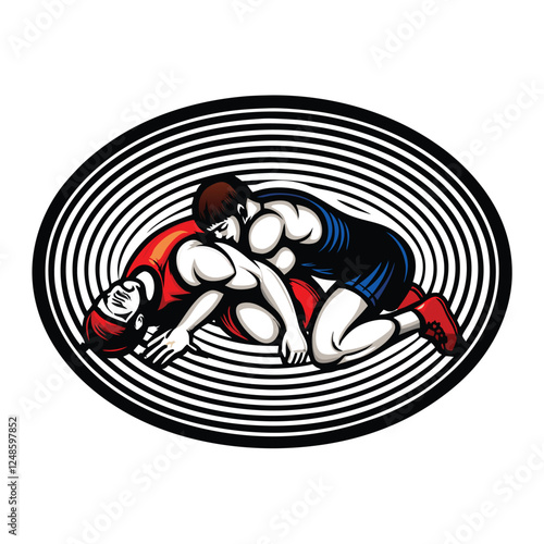 Two muscular wrestlers in singlets grapple intensely during a competitive match; showcasing powerful athleticism and strategic maneuvers.