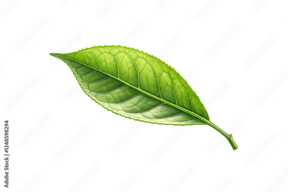 Obraz premium A single green tea leaf with intricate veins, vibrant green hues, and a fresh texture, symbolizing purity and nature’s detailed elegance, isolated on a transparent background