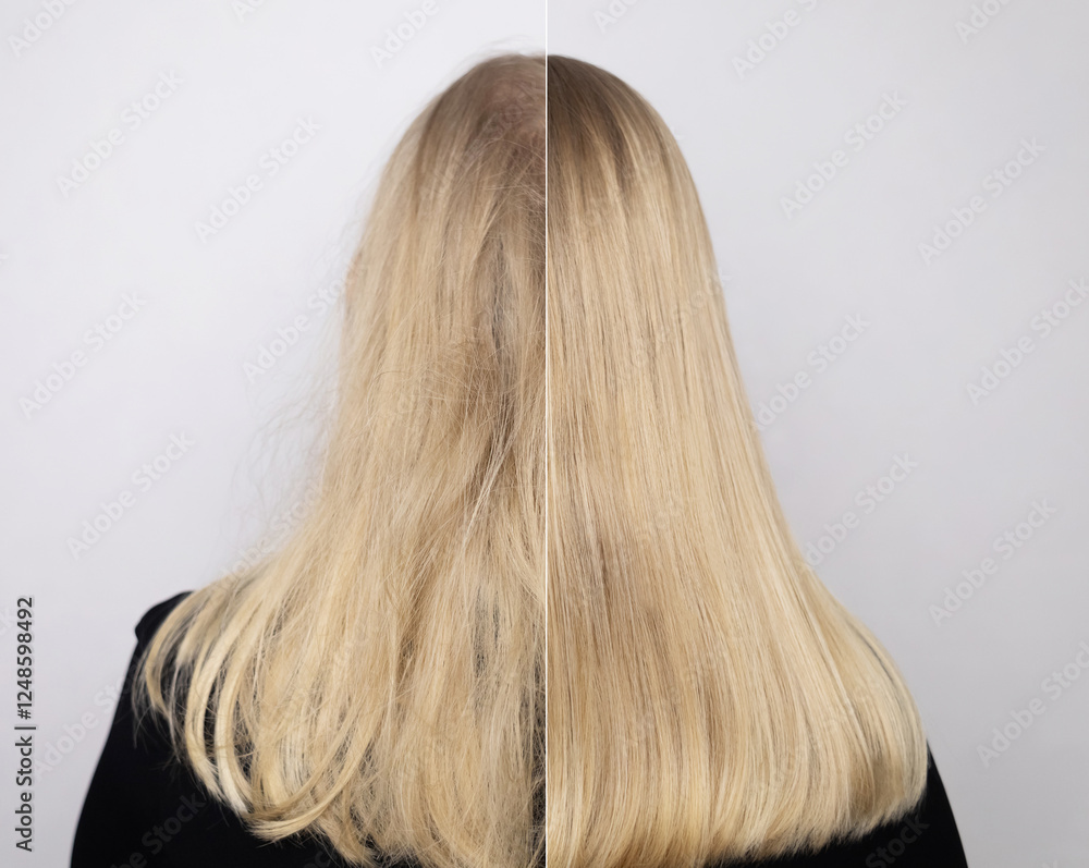 Naklejka premium Hair straightening in a beauty salon, using conditioner, keratin, lamination. Before and after photos. Tangled and straight hair
