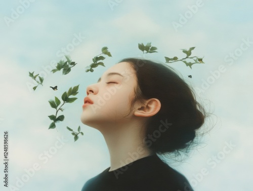 a serene woman with greenery floating above her, eyes closed in peacefulness.