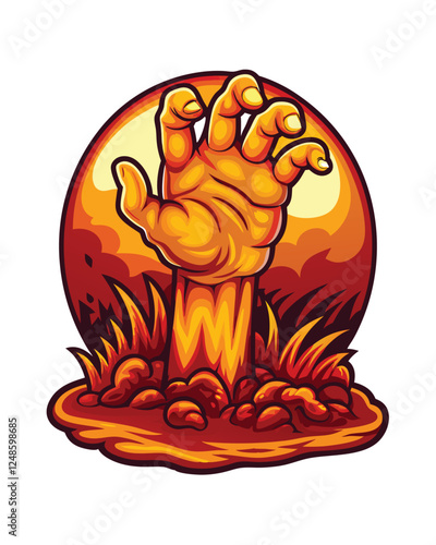 A decaying zombie hand bursts from cracked earth, clawing upwards;  grit and soil cling to its rotting flesh.