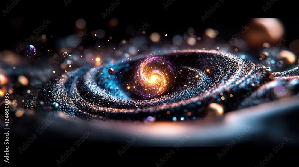 A spiral galaxy surrounded by shimmering particles, evoking a sense of cosmic grandeur and interstellar wonder A spiral galaxy surrounded by shimmering particles, evoking a sense of cosmic grandeur and interstellar wonder