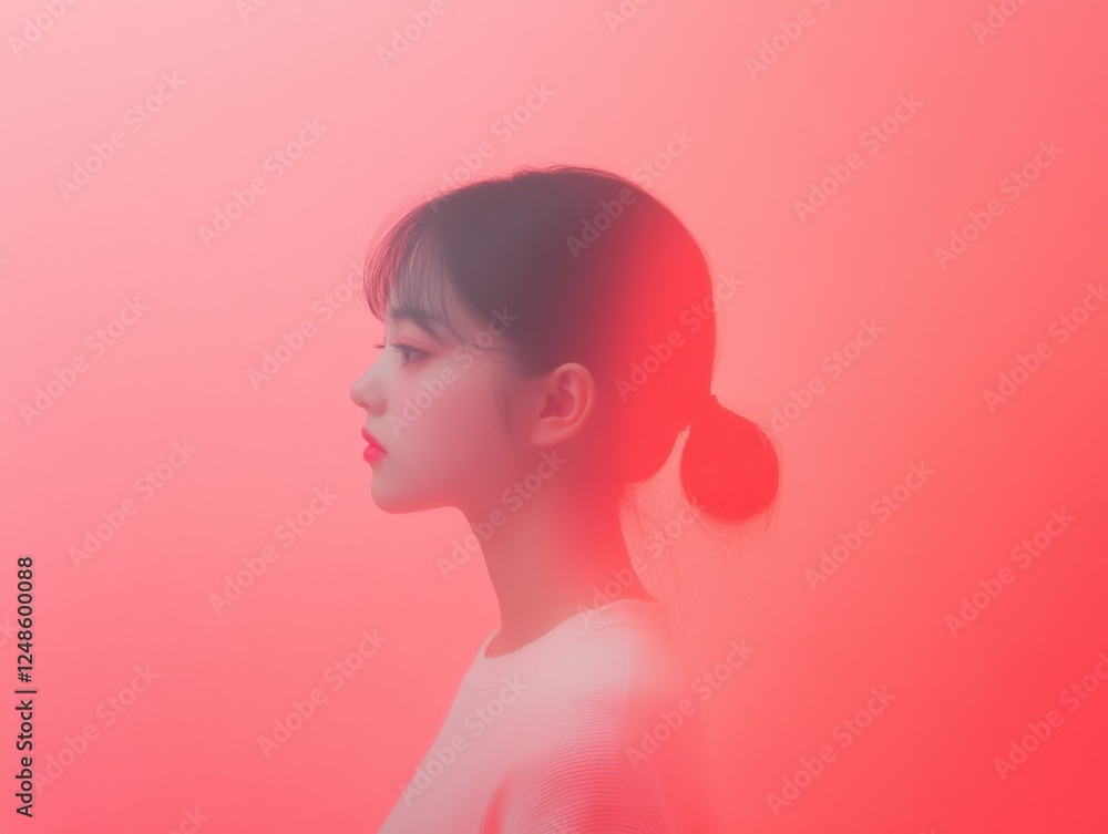 profile of a young woman with red lighting. profile of a young woman with red lighting.