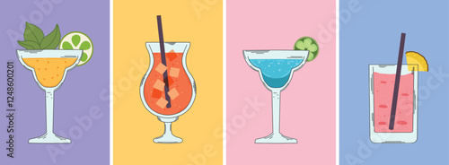 Set of cocktail glasses with colorful fizzy drinks, garnished with citrus slices, mint leaves, and straws, arranged on vibrant pastel backgrounds in retro style.