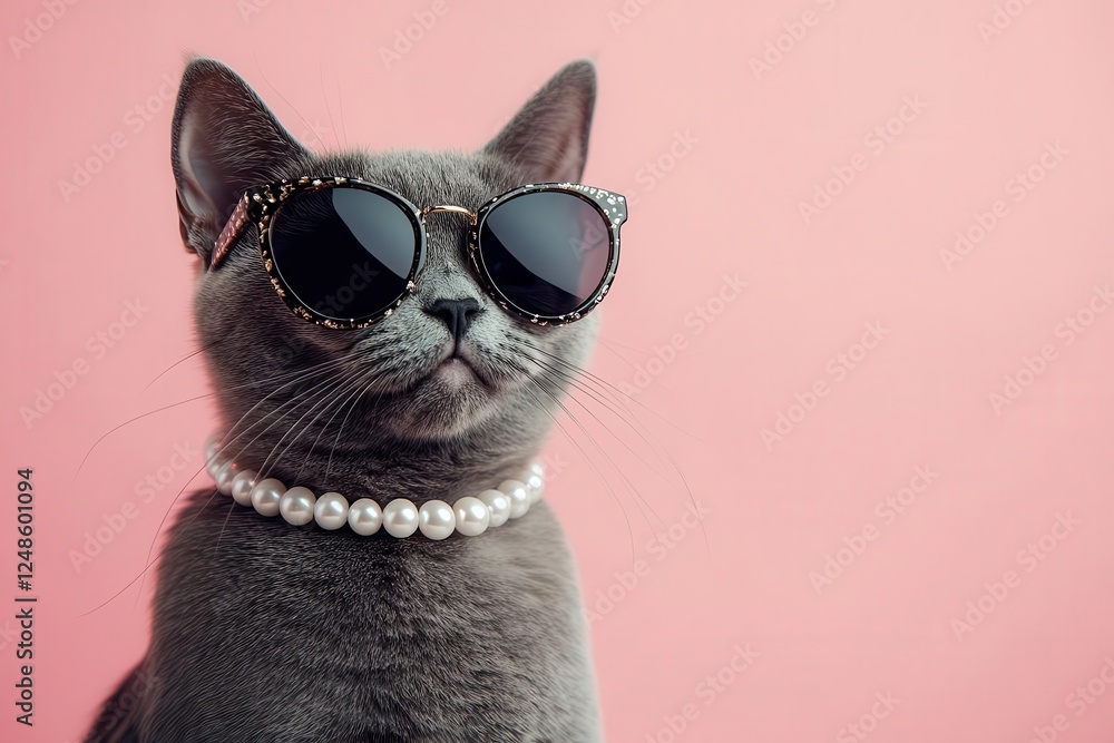 british shorthair cat wearing designer sunglasses and pearl necklace, high fashion portrait against pastel pink backdrop