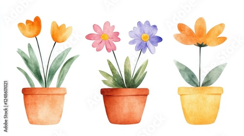 Wallpaper Mural Colorful watercolor flower pots with tulips, daisies, and lilies creating a vibrant spring atmosphere, perfect for home decor and floral themed projects Torontodigital.ca