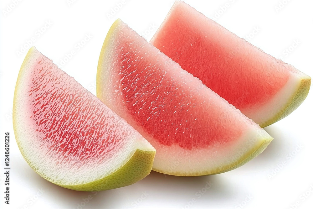 Three wedge slices of pink fruit with white rind and green skin, close-up with a white background. Three wedge slices of pink fruit with white rind and green skin, close-up with a white background.
