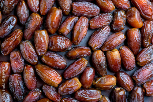 A close-up of fresh dates beautifully arranged for Ramadan, symbolizing Iftar, tradition, nourishment, and Islamic culture, with warm lighting enhancing their natural texture and spiritual significan photo