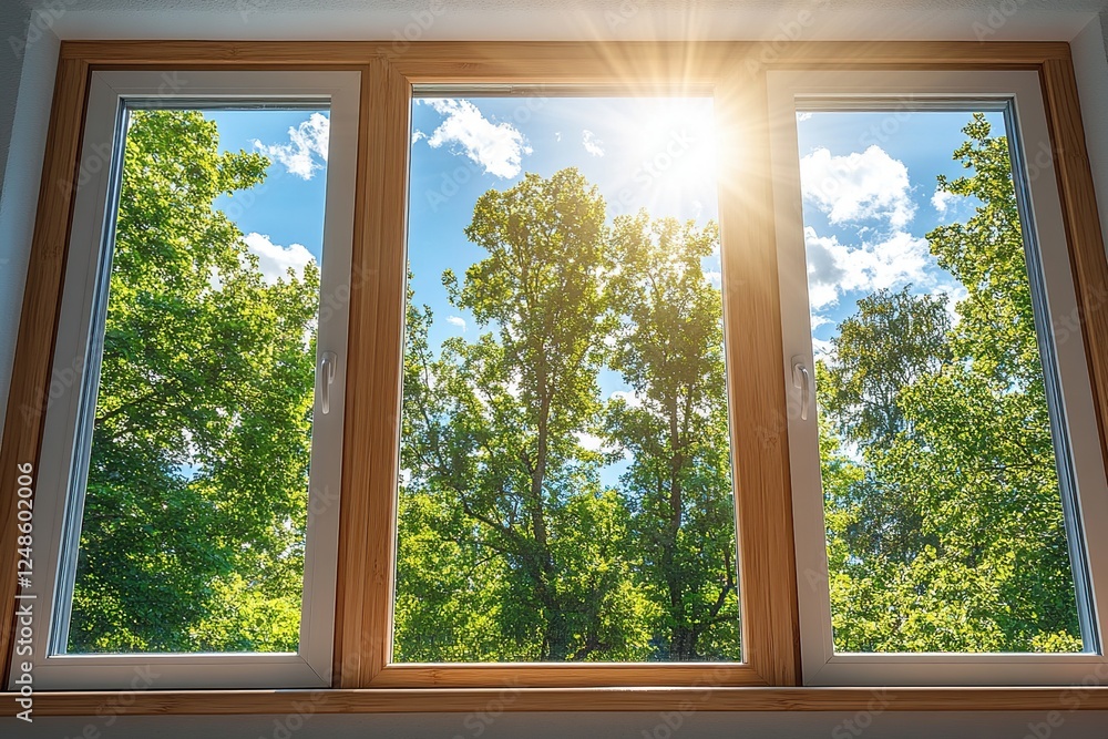 Fototapeta premium Sunlight Streams Through Window, Illuminating Lush Green Trees Outdoors on a Bright Day