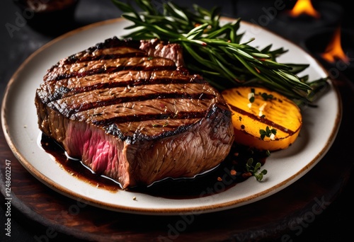 mouthwatering close grilled steak dark plate capturing juicy textures rich colors well cooked meat, succulent, crispy, delicious, gourmet, protein, seasoning photo