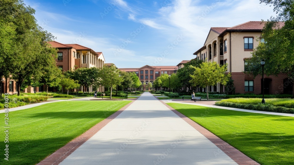 Lush Green Pathway Surrounded by Modern Academic Buildings Under Clear Blue Sky in Daylight Lush Green Pathway Surrounded by Modern Academic Buildings Under Clear Blue Sky in Daylight