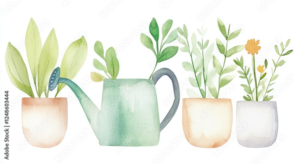 Watering can and potted plants illustration, featuring vibrant greenery and delicate flowers, perfect for nature lovers and gardening enthusiasts