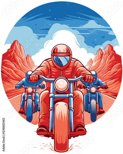Illustrate a biker gang, leather-clad and chrome-laden, fiercely racing their powerful motorcycles across a sun-baked, expansive desert landscape at sunset.