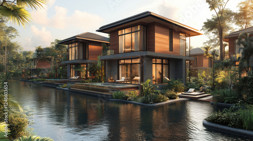 For naming this image, how about something like Serene House by the Water? It captures the peaceful vibe without being overly complicated
